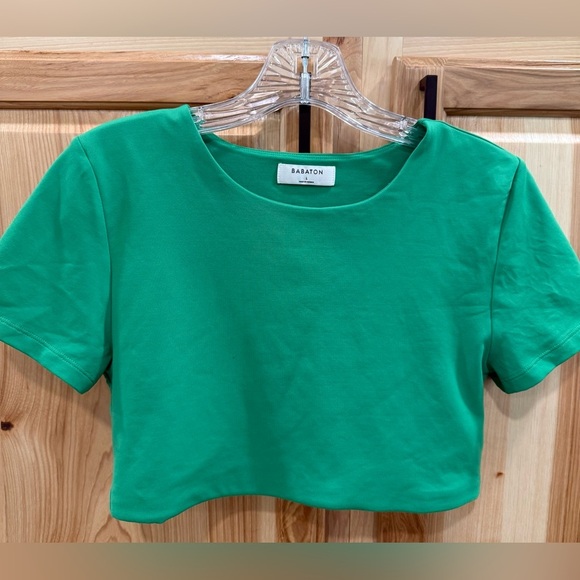 Babaton Aritzia Green Crop Top Short Sleeve Smooth Double Layer Stretch Size L - Picture 1 of 9